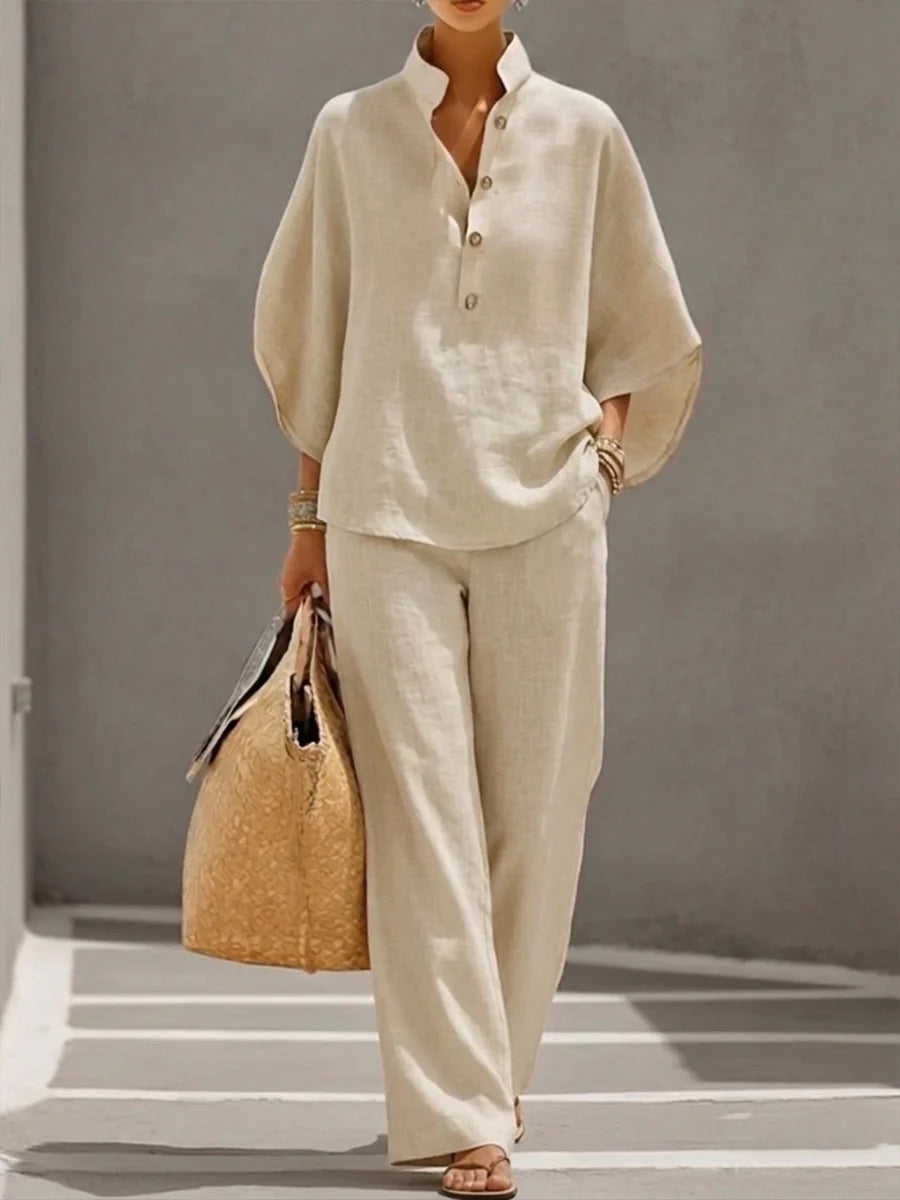 Women's Short-sleeved Suit Summer Loose Pullover Top And Straight-leg Trousers Outfit Clothing