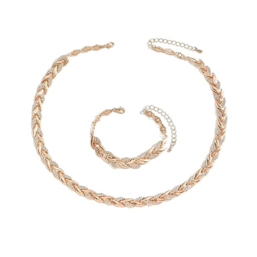 2PCS Glass Leaf Necklace Set Elegant Rhinestone Chain Necklace Bracelet For Women Fashion Luxury Jewelry Set