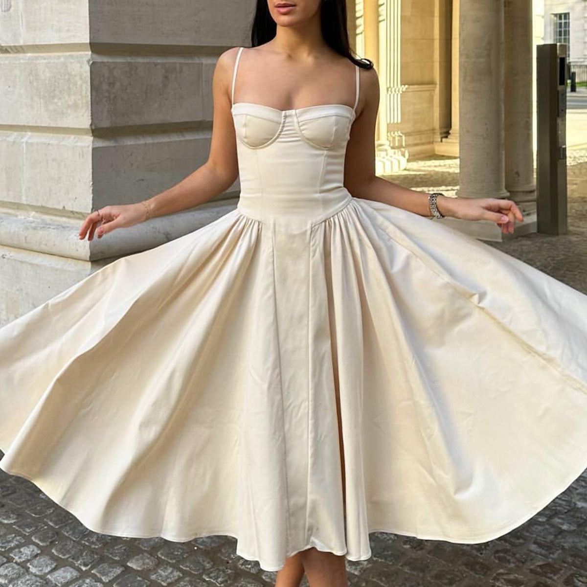 Spicy Sexy V-Neck Slip Dress With Waist-Cinching Design, Slimming Backless Style For Women