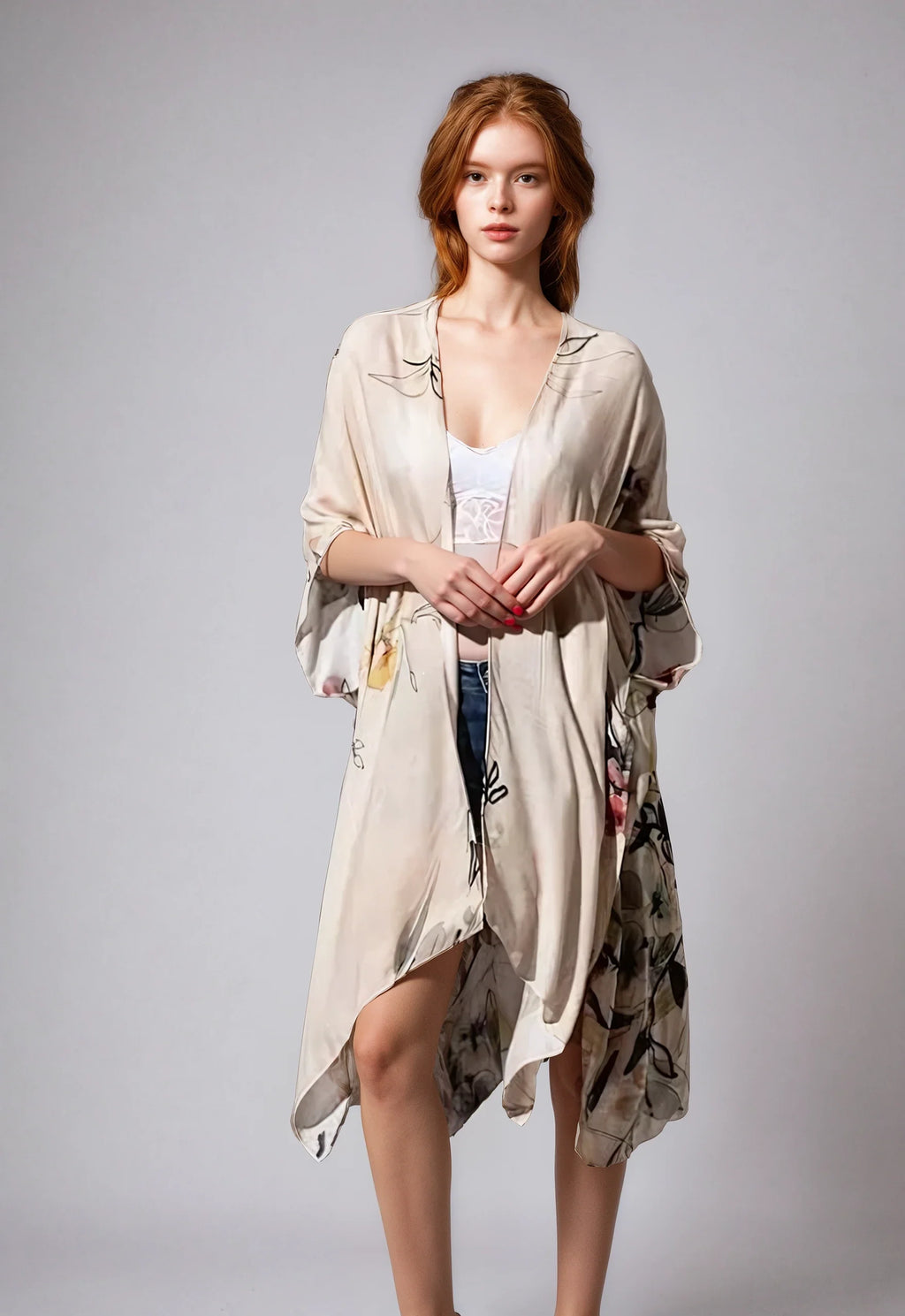 Young woman wearing a light floral patterned Fleur Serenity Kimono over casual white top and shorts, standing against gray background.