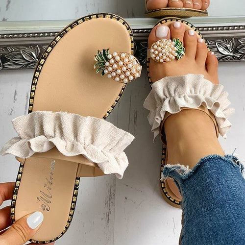 2026 Summer Beach Pineapple Flat Slippers Outside Slides Ladies Shoes