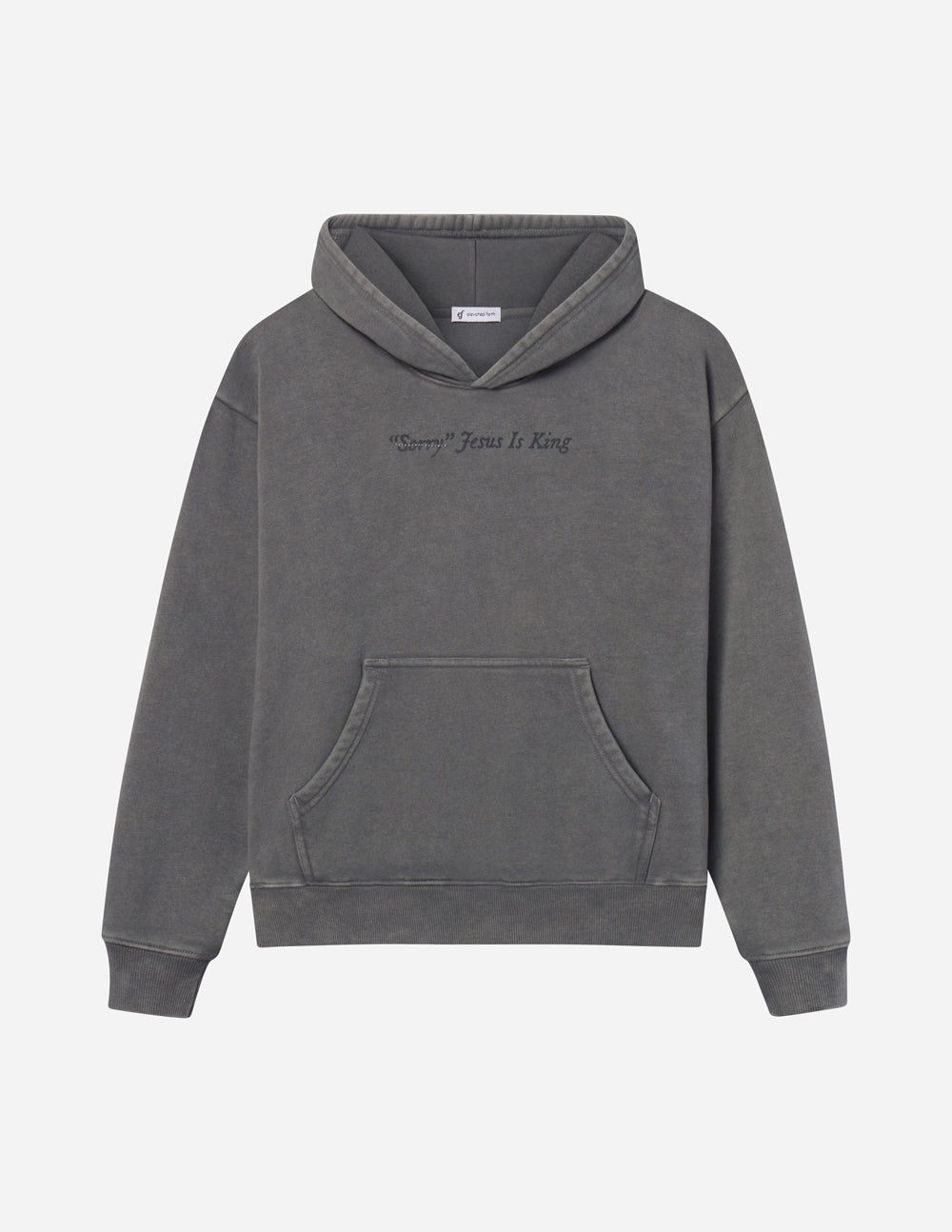 Not Sorry Jesus Is King Unisex Hoodie in faded black with front kangaroo pocket and embroidered front text design