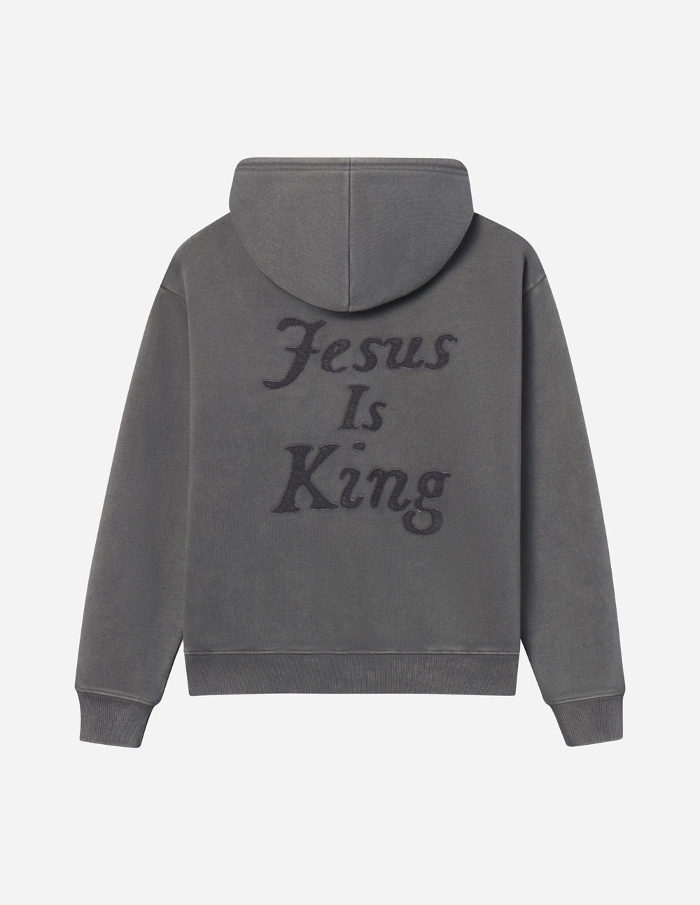 Not Sorry Jesus Is King Unisex Hoodie in dark grey with "Jesus Is King" embroidered on the back.