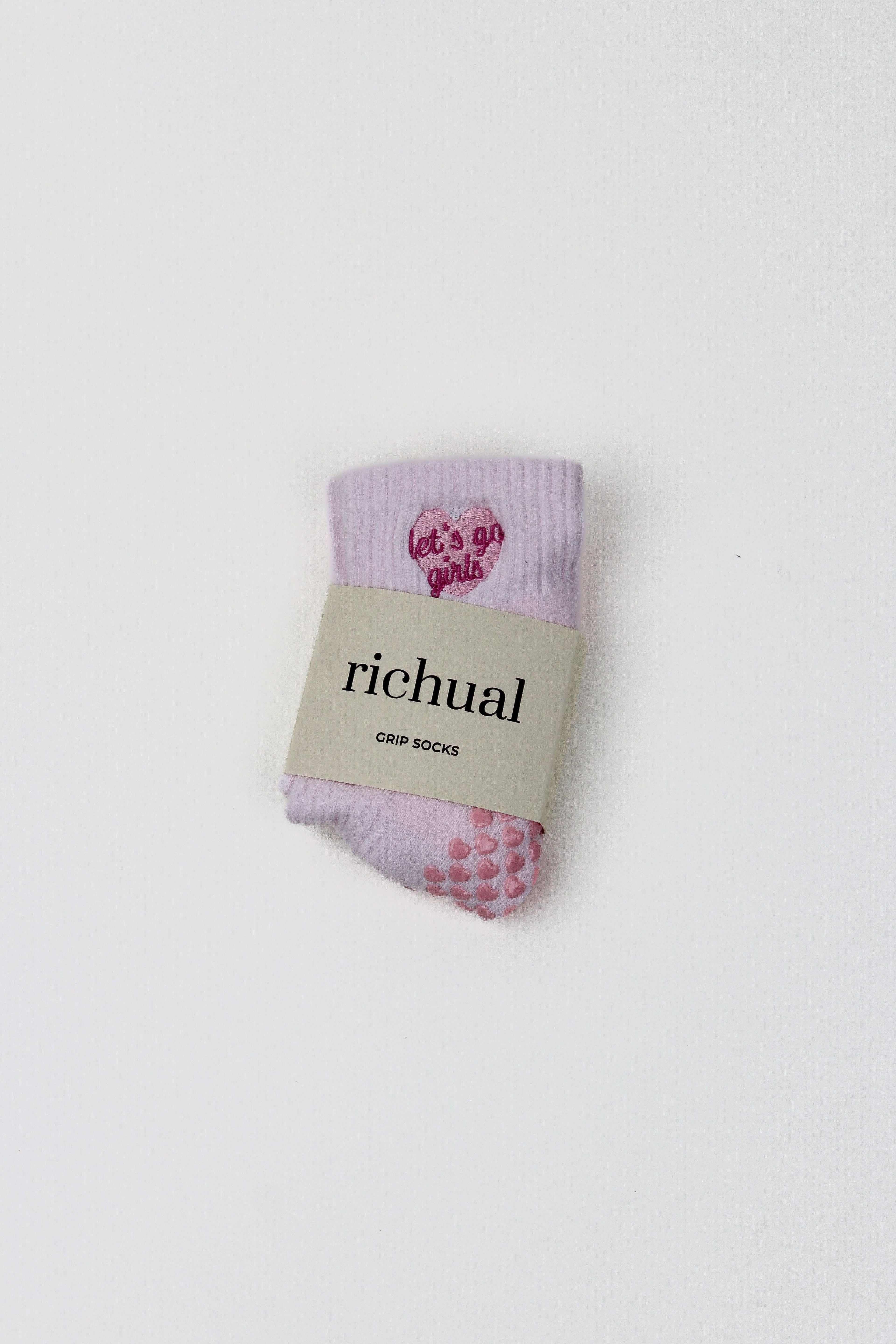 PREORDER: Let's Go Girls Grip Socks in light purple with pink grip dots and "let's go girls" heart embroidery