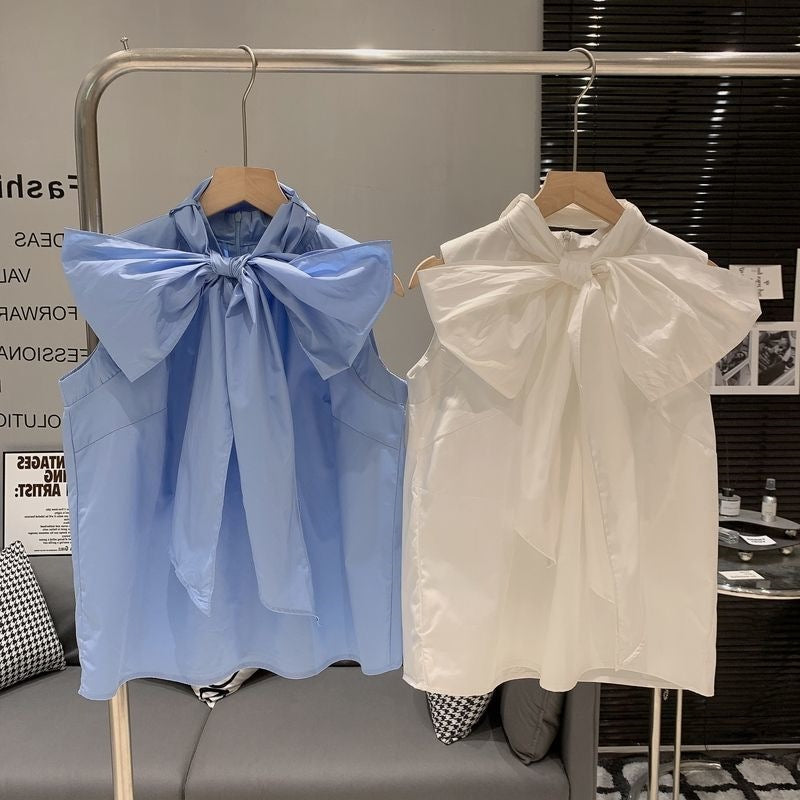 Light-luxury Chic Niche Round-neck Sleeveless Top With Tie-up Bow Detail
