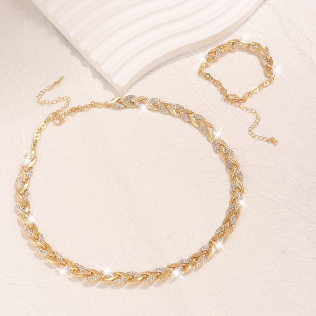 2PCS Glass Leaf Necklace Set Elegant Rhinestone Chain Necklace Bracelet For Women Fashion Luxury Jewelry Set