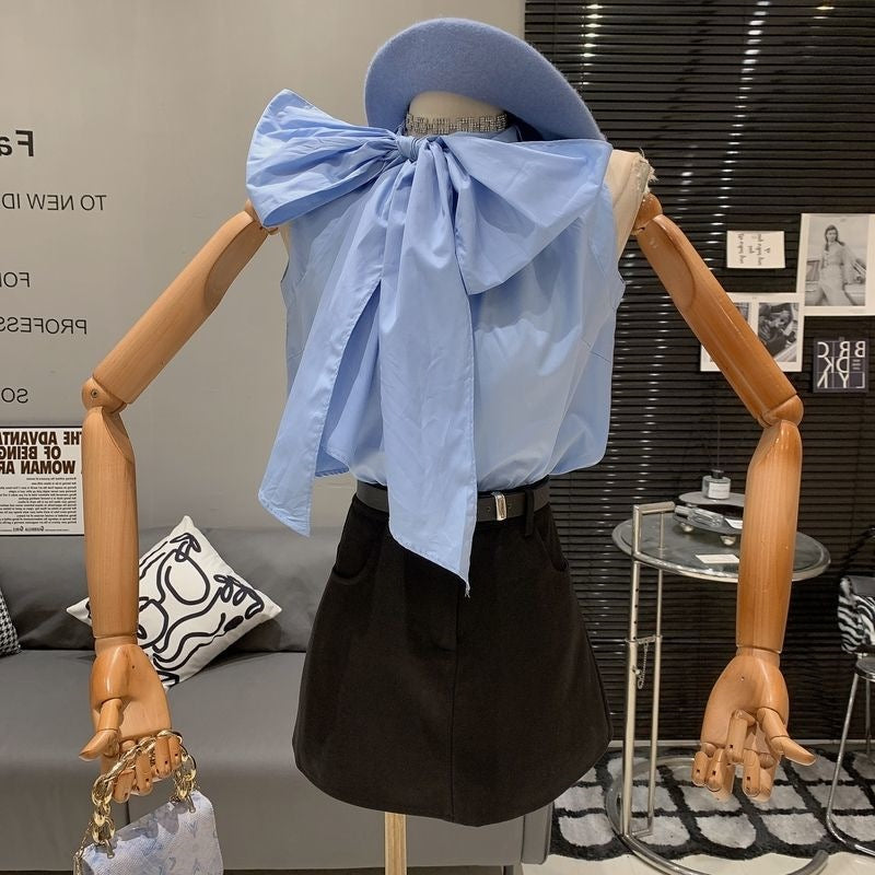 Light-luxury Chic Niche Round-neck Sleeveless Top With Tie-up Bow Detail