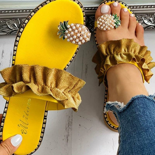 2026 Summer Beach Pineapple Flat Slippers Outside Slides Ladies Shoes
